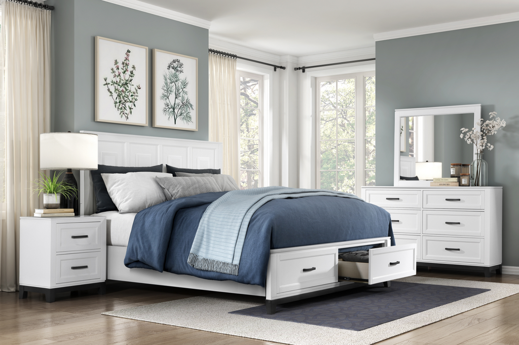 NKS1450WHMZ  2 Front Drawers White Wooden Platform Bed in Queen/ King /Full/ Twin Size