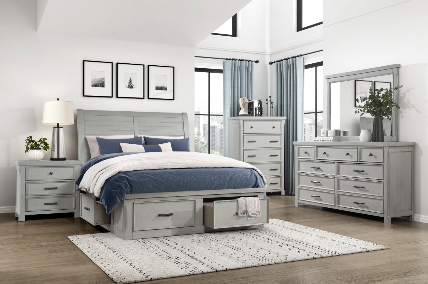NKS1337MZ Contemporary 6 Drawers Platform Bedroom Set in Queen/ King Size and Mattress