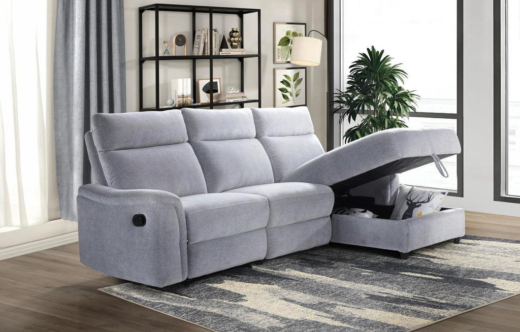 NKS99027GYSSR  3-piece Sectional with Right Side Facing Storage Chaise & Left Side Recliner
