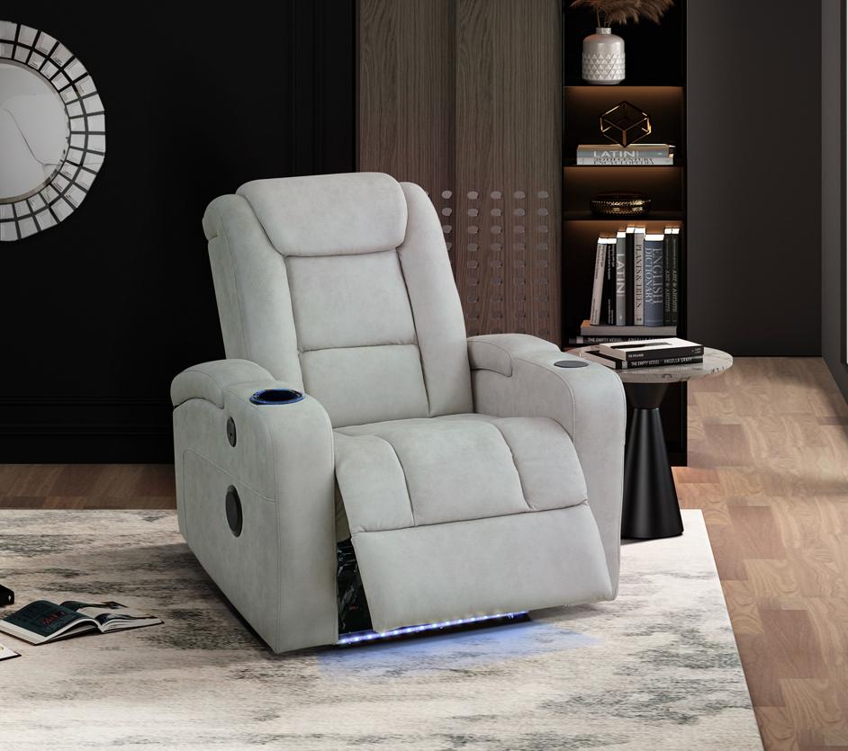 NKS99096LGY-1PW  Power Reclining Chair with Wireless Charger, Cooling Cup-Holder, Storage Arms, Speakers, LED Light & USB Port