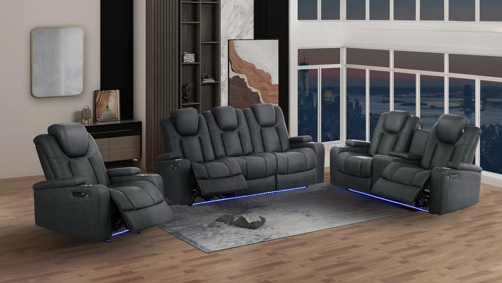 NKS99211CHR Power Reclining Sofa with Drop-Down Table, Power Headrests, Power/Charging Outlets, Storage Arms, Cupholders, & LED Lights