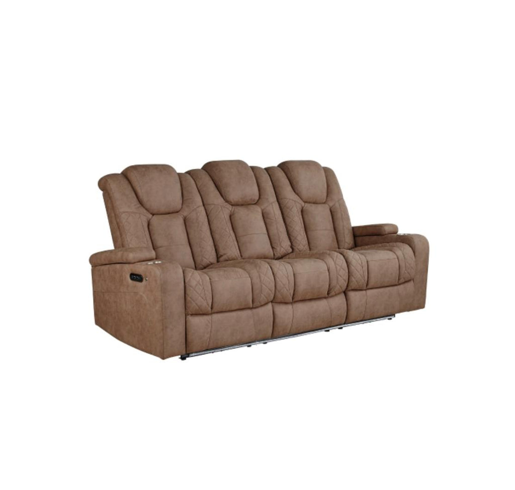 NKS99211LBR Power Reclining Sofa with Drop-Down Table, Power Headrests, Power/Charging Outlets, Storage Arms, Cupholders, & LED Lights
