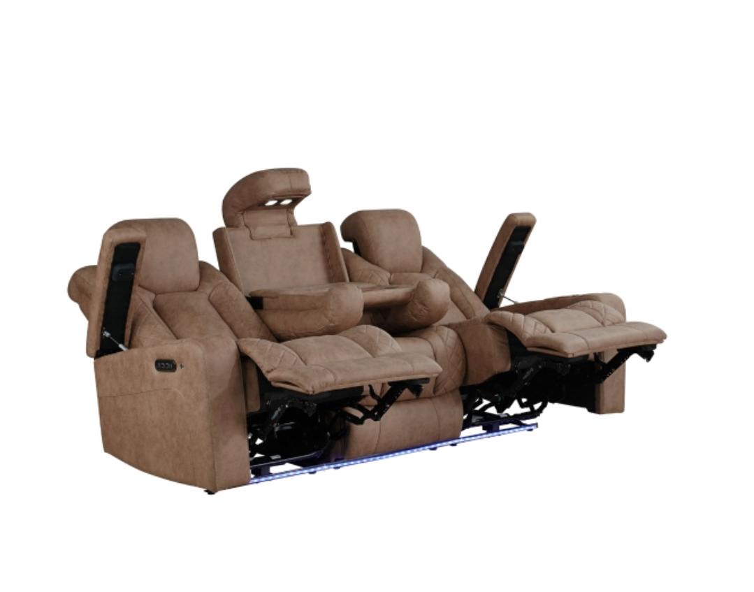 NKS99211LBR Power Reclining Sofa with Drop-Down Table, Power Headrests, Power/Charging Outlets, Storage Arms, Cupholders, & LED Lights