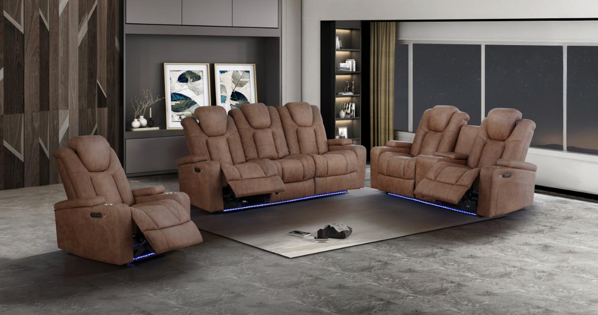 NKS99211LBR Power Reclining Sofa with Drop-Down Table, Power Headrests, Power/Charging Outlets, Storage Arms, Cupholders, & LED Lights