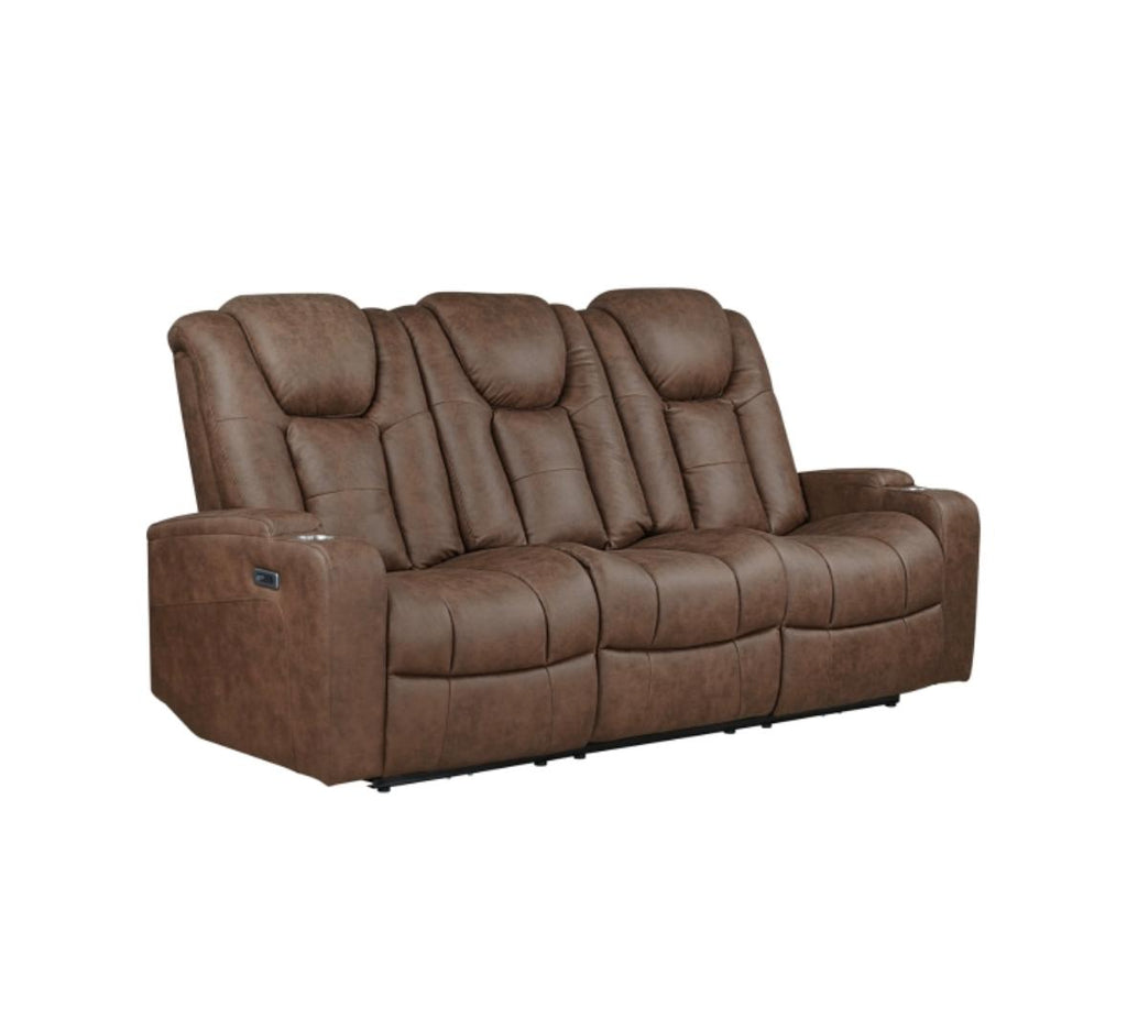 NKS99213BRW Power Double Reclining Sofa with Drop-Down Table & Cupholders