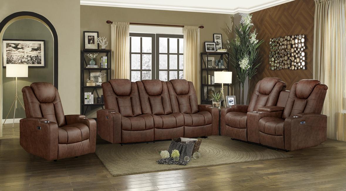 NKS99213BRW Power Double Reclining Sofa with Drop-Down Table & Cupholders