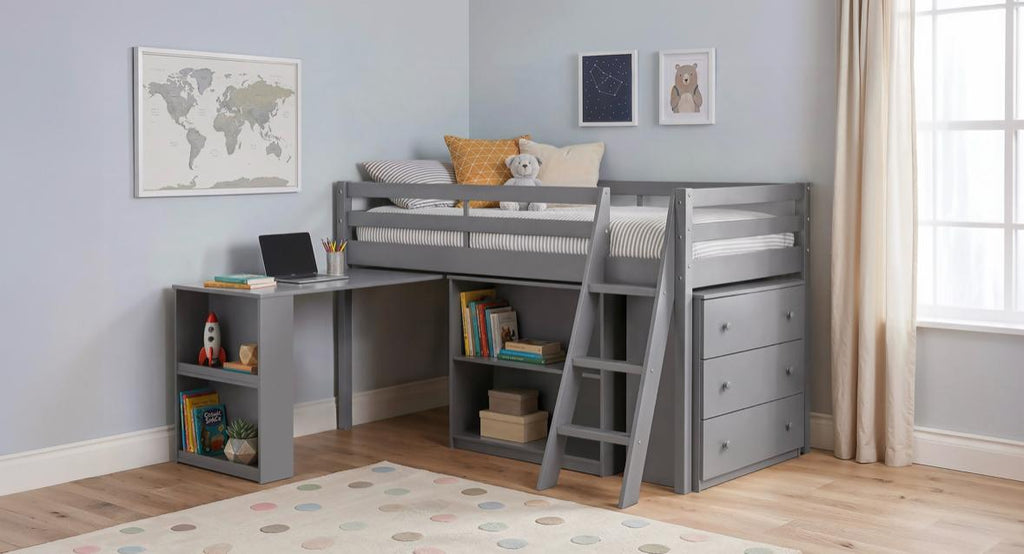 NKSB20001TLGYMZ Twin Low Loft Bed with Desk, Bookcase, & Chest of Drawers