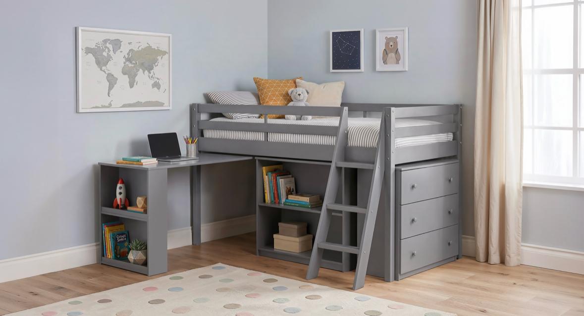 NKSB20001TLGYMZ Twin Low Loft Bed with Desk, Bookcase, & Chest of Drawers