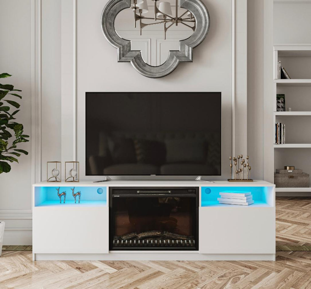 NKS45600WTMZ 70-inch TV Stand with Fireplace, White Gloss Finish