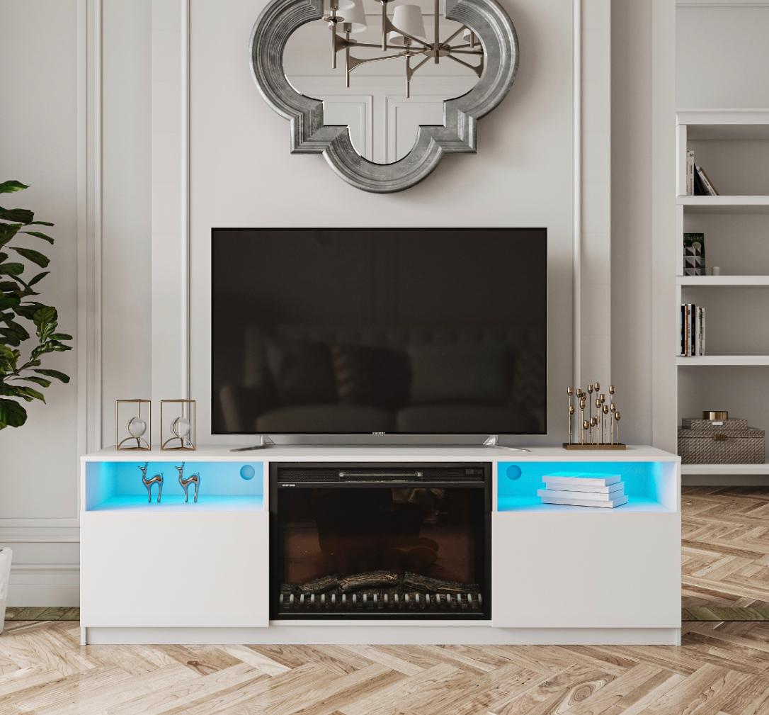 NKS45600WTMZ 70-inch TV Stand with Fireplace, White Gloss Finish