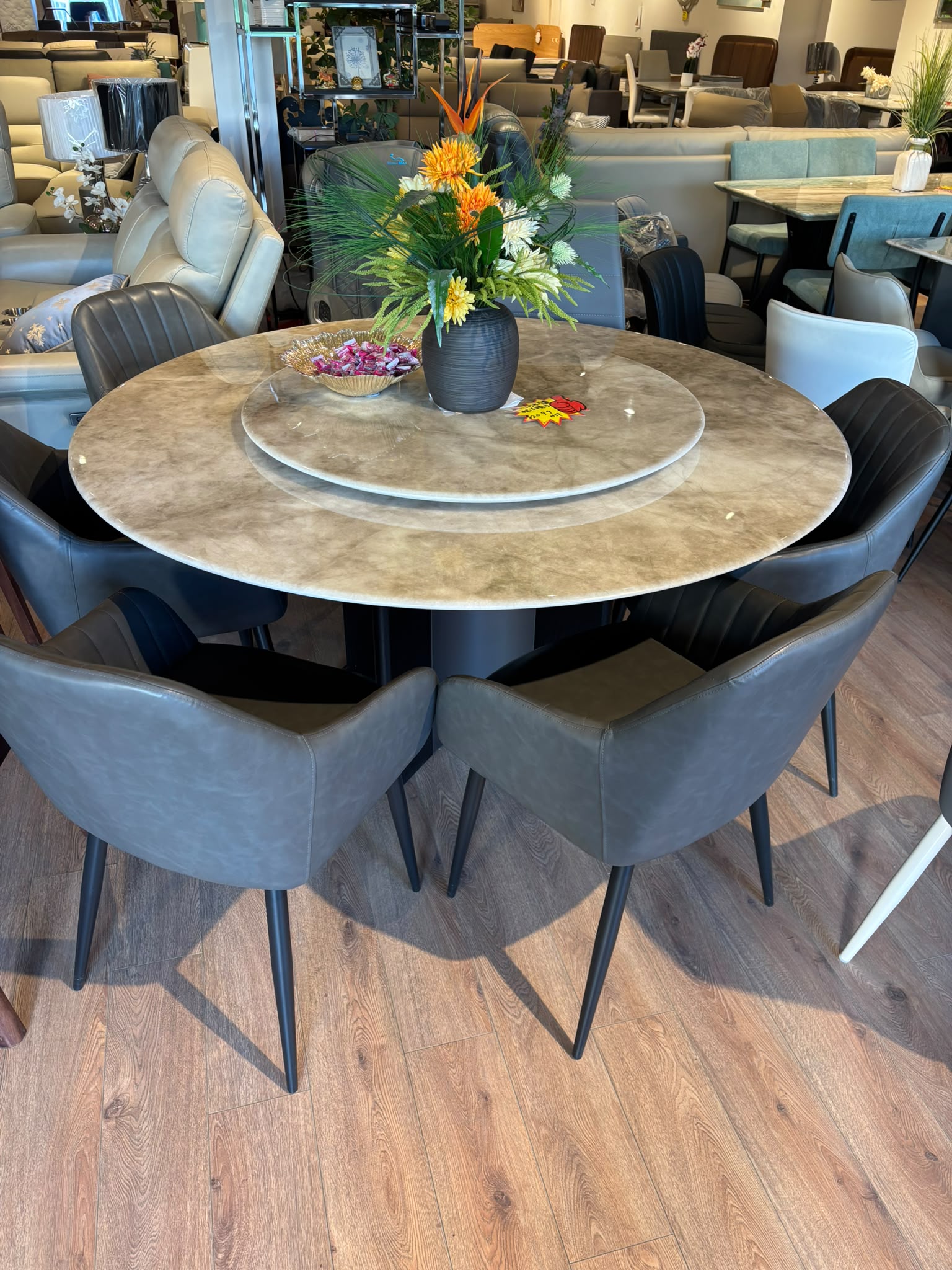 NKSHAP6 Large Round Marble Dining Set